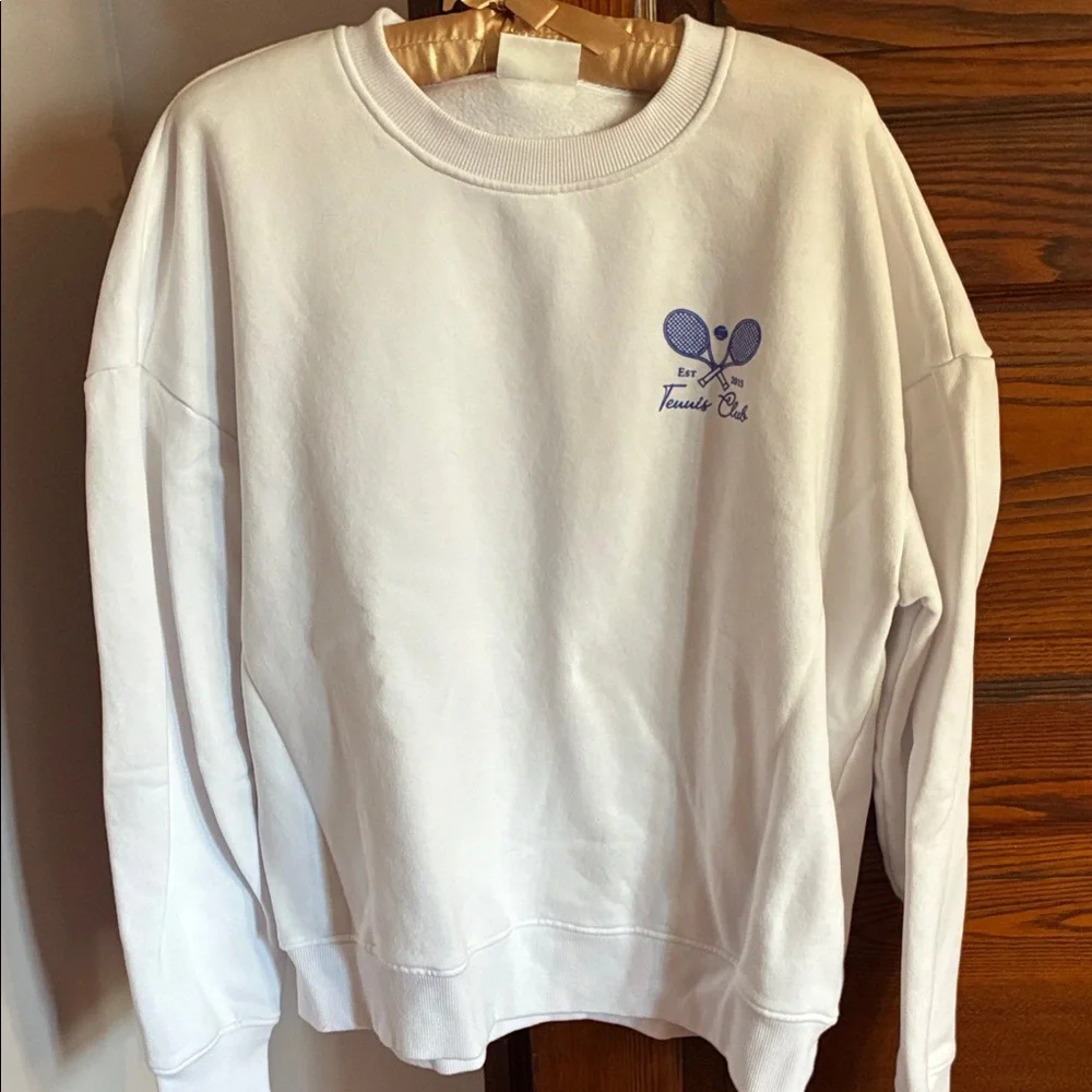 White Crewneck Sweatshirt with Small Lavender Tennis Chest Graphic